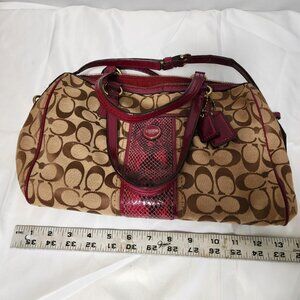 Coach Signature Op Art Satchel – Style F24303 – Tan/Berry Python Accent